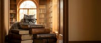 Adorable tabby kitten wearing glasses sitting on stack of vintage books near arched window in warm library setting for educational and literary concepts.