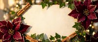 Festive holiday frame with burgundy poinsettia flowers and green foliage on warm bokeh background. Perfect for Christmas cards, invitations and seasonal designs.