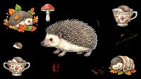 Cute hedgehog clipart set with autumn leaves, mushrooms, teacups, and pinecones, isolated on transparent background. Great for stickers, t-shirt design, and print on demand.