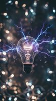 Electric light bulb with lightning bolts and glowing energy sparks on dark bokeh background representing innovation creativity and bright ideas for business.
