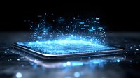 Digital tablet emitting bright blue holographic particles and light effects against dark background, futuristic technology concept for mobile innovation and digital transformation.