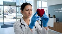 Female healthcare professional with South Asian ethnicity wearing white medical coat and blue latex gloves holding red heart model in modern clinic setting, representing cardiology, heart health awareness, and medical education.