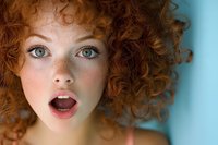 Young woman with natural red curly hair and freckles expressing surprise with open mouth against blue background, close up portrait showing genuine emotion.