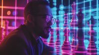 African American businessman in glasses illuminated by vibrant neon blue and pink lights, looking at digital financial data visualization with chess pieces, symbolizing strategy.