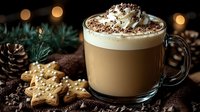Festive holiday latte with whipped cream and cocoa powder in glass mug surrounded by Christmas cookies, pine branches and warm bokeh lights for cozy winter.