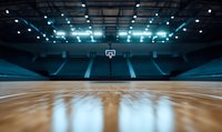 Empty basketball court with wooden floor viewed from ground level perspective, dramatic lighting from ceiling illuminates professional indoor sports arena with blue seats.