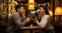 Young couple enjoying romantic dinner date with wine glasses toast in cozy restaurant with warm lighting and festive bokeh background atmosphere.