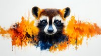 Artistic raccoon portrait with bright orange and blue watercolor splash background, featuring intense blue eyes and detailed fur texture. Great for wildlife art prints.