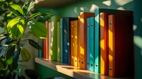 Colorful office folders on wooden shelf with green plant and sunlight shadows creating cozy workspace atmosphere. Modern home office organization.