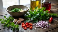 Fresh herbs parsley cilantro with diced vegetables onions peppers garlic in rustic kitchen setting. Cooking ingredients preparation for healthy meals.