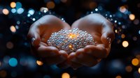Cupped hands holding glowing silver beads against dark background with bokeh lights creating magical atmosphere. Suitable for spiritual and wellness concepts.
