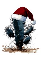 Desert cactus wearing red Santa hat with white fur trim against snowy winter background, watercolor style artwork on white background, isolated design element.