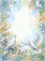 Watercolor illustration of two white doves surrounded by blooming flowers and foliage in soft pastels. Isolated on white background, ready for wedding invitations, greeting cards, and design projects.
