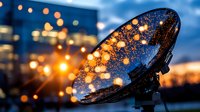 Satellite dish antenna silhouette at sunset with bokeh light effects and dramatic sky background. Modern telecommunications technology concept.