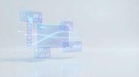 Futuristic holographic interface displays multiple transparent screens with data analytics, charts and graphs floating in digital space for business presentations.