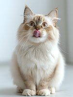 Funny ragdoll cat with blue eyes sticking out pink tongue against light background. Fluffy white and beige feline with surprised expression looking up.