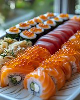 Fresh salmon sushi rolls garnished with bright orange roe, served on white plate with cucumber maki and tuna nigiri, showcasing traditional Japanese cuisine.
