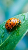 Orange ladybug with black spots resting on green leaf with water droplets in natural garden setting for nature and wildlife photography projects.