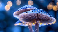 Glowing mushroom with water drops on cap against dark blue bokeh background, magical forest atmosphere with golden light spots and mystical ambiance.