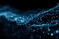 Abstract blue digital network visualization with glowing particles and connecting lines against dark background for technology presentations.