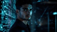 Young Middle Eastern male professional against digital code background in dark setting with cyan technological illumination, representing cybersecurity expert or programmer.