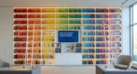 Modern home library with rainbow color-coded books arranged on white shelving unit creating vibrant gradient wall display in contemporary living space.