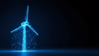 Digital wind turbine made of glowing blue wireframe lines and dots on dark background representing renewable energy technology and sustainable power generation.