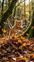 Tabby kitten playing with falling autumn leaves in a mossy forest clearing, surrounded by golden foliage and natural woodland light.
