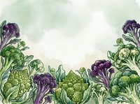 Watercolor illustration of fresh purple and green broccoli, cauliflower, and leafy vegetables arranged as border frame with white space for text, suitable for recipe cards, menus, and healthy food designs.
