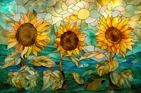 Vibrant stained glass artwork featuring three golden sunflowers with detailed mosaic pattern, set against turquoise and emerald background perfect for nature-inspired home decor or artistic projects.