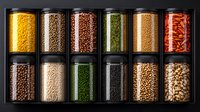 Colorful dried legumes, grains, and spices in glass jars arranged in wooden box organizer on dark background. Food storage and organization concept.