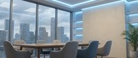 Modern conference room with floor-to-ceiling windows overlooking city skyline, wooden table, dark chairs, and potted plant for corporate meetings and business presentations.