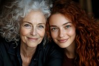 Senior woman with natural gray curly hair and young redhead female with bright smile pose together, representing family bond and generational connection in black attire.