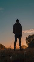 Silhouette of young man standing alone on hilltop against dramatic sunset sky, dark figure contemplating nature during golden hour creates moody atmosphere.