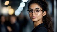 Professional young South Asian businesswoman with glasses smiling confidently in modern office environment with blurred city lights background.