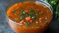 Hearty vegetable soup with carrots, herbs and spices in clear glass bowl. Nutritious homemade broth with fresh parsley garnish for healthy eating and comfort food.