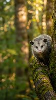 Young opossum perched on moss-covered tree branch in natural forest habitat with soft bokeh background lighting for wildlife and nature photography.