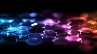 Glowing hexagonal grid pattern with vibrant blue and pink gradient lighting effects creating futuristic technology background with depth of field and reflections.