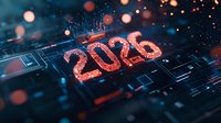 Glowing red digital number 2026 on futuristic circuit board background with bokeh light effects and technology elements in dark blue tones.