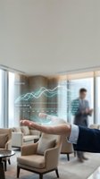 Businessman holding digital holographic chart with upward trending lines and financial data analytics in modern office environment with colleagues in background.