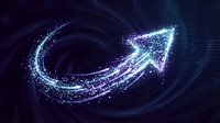 Digital arrow made of glowing particles and light trails pointing forward on dark blue background for business growth and progress concepts.