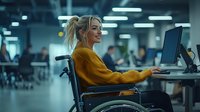 Young blonde woman in yellow sweater using computer while sitting in wheelchair at modern office workspace, side view portrait showing workplace inclusivity.