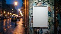 Blank white poster frame on graffiti wall at night with street lights and wet pavement creating urban advertising mockup for promotional campaigns.