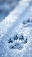 Fresh dog paw print impression in pristine white snow with soft blue winter light and blurred snowy landscape background for seasonal content.