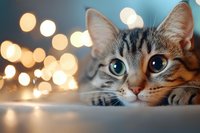 Curious tabby cat with bright blue eyes gazing upward against blurred bokeh lights background, creating magical holiday atmosphere and cozy home feeling.