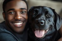 Young African American man with bright smile posing with happy black Labrador retriever dog, close-up portrait showing genuine joy and companionship.