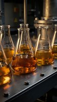 Laboratory flasks containing amber liquid samples labeled with compound identifiers, arranged on dark workbench in research facility for chemical analysis and experimentation.