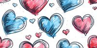 Romantic seamless pattern with hand drawn pink and blue hearts on white background, watercolor style brush strokes and black outline create playful Valentine's Day design.
