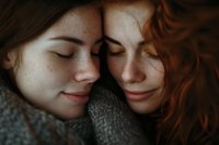 Close up portrait of two young women with freckles and natural makeup sharing intimate moment, touching foreheads with eyes closed, wearing cozy sweaters.