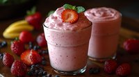 Fresh strawberry smoothie topped with mint leaf and berry slice, served in glass with blueberries and bananas nearby, creamy pink texture and dark background.